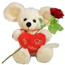Cuddly toy white mouse approx. 28cm with red heart (+ fresh red rose + 140 grams of chocolate hearts in a red candy box)